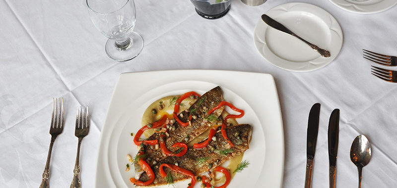 Seared Nebraska Trout with eggplant puree, peperonata and dill