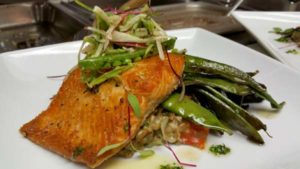 Sockeye Salmon with Charred Sugar Snap Peas, Spring Farro Sauté and Chimichurri – Recipes for Club +