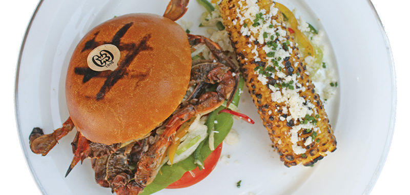 Grilled Soft-Shell Maryland Crab Sandwich with grilled Amish corn