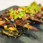 Sticky Lamb Ribs, Braised Collards, Spicy Red Pepper Relish