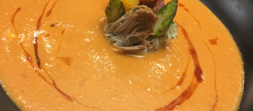 Red Curried Sweet Potato Soup with Crispy Duck Confit and Wilted Tatsoi