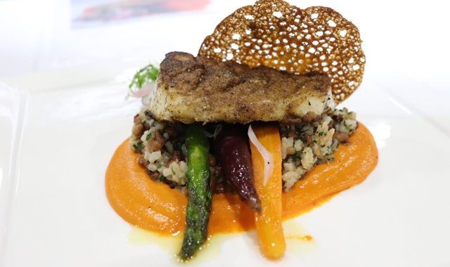 Coriander Crusted Golden Tilefish │ Carolina Gold Rice and Sea Island Pea Pilaf │ Glazed Vegetables │ Pickled Shallots and Carrot Tops │ Romesco Sauce │ Fennel Crisp