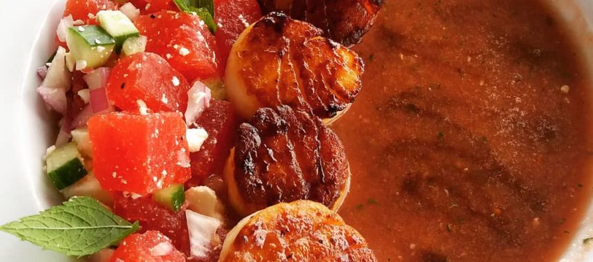 Seared Scallops Over Watermelon Gazpacho with Watermelon Feta Salad and Balsamic Reduction
