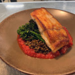 Alaskan Halibut with Curry Green Lentils, Charred Broccolini and Romesco Sauce 