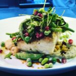 Atlantic Halibut with Chickpea Puree, Pea Salad and Lime Dressing