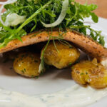 Riverence Farms Trout With Confit of Baby Potatoes, Meyer Dill Creme Fraiche, Dressed Greens With Arugula, Fennel and Extra Virgin Olive Oil