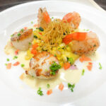 Sautéed Shrimp and Scallops With Corn Purée and Vegetable Brunoise