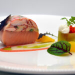 lobster-salmon roulade with cucumber garnish and buttermilk-chive vinaigrette