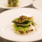 Baked Heirloom Apple with Green Butter Cake and Sweet Gem Lettuces, Fiscalini Smoked Cheddar Cheese, Crispy Quinoa and Honey White Balsamic Vinaigrette