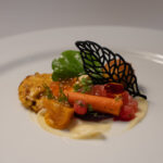 Black Bass Duo: Bronzed Turmeric Goujon, Dill/Bass Hush Puppy, Beets, Carrots, Parsnip Purée, Grapefruit/Watercress/Peanuts, Nuoc Chom, NC Trout Roe, Bacon-Chive Cracker