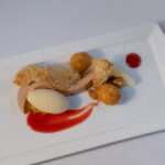 Gianduja Bavarian, Pineapple Sherbet, Blood Orange Sauce, Yuzu Poached Pear, Orange 'Salad,' Creme de Farine Croquette