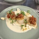 Pan-Seared Scallops with Popcorn-Cream Sauce and Tomato-Bacon Jam