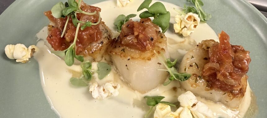 Pan-Seared Scallops with Popcorn-Cream Sauce and Tomato-Bacon Jam